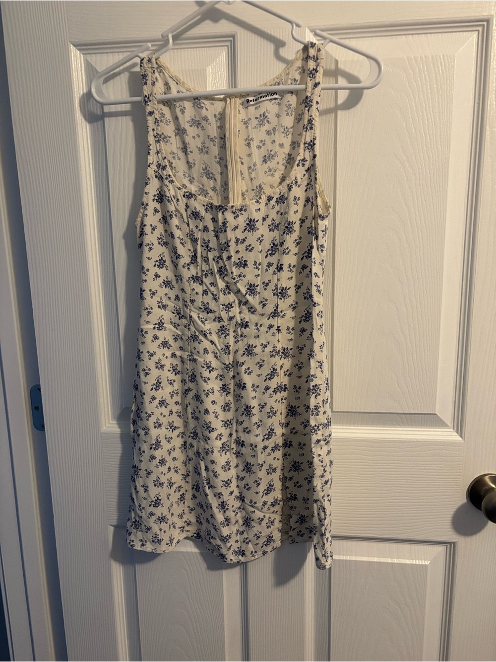 Reformation Cream Slip Dress with Blue Floral Print